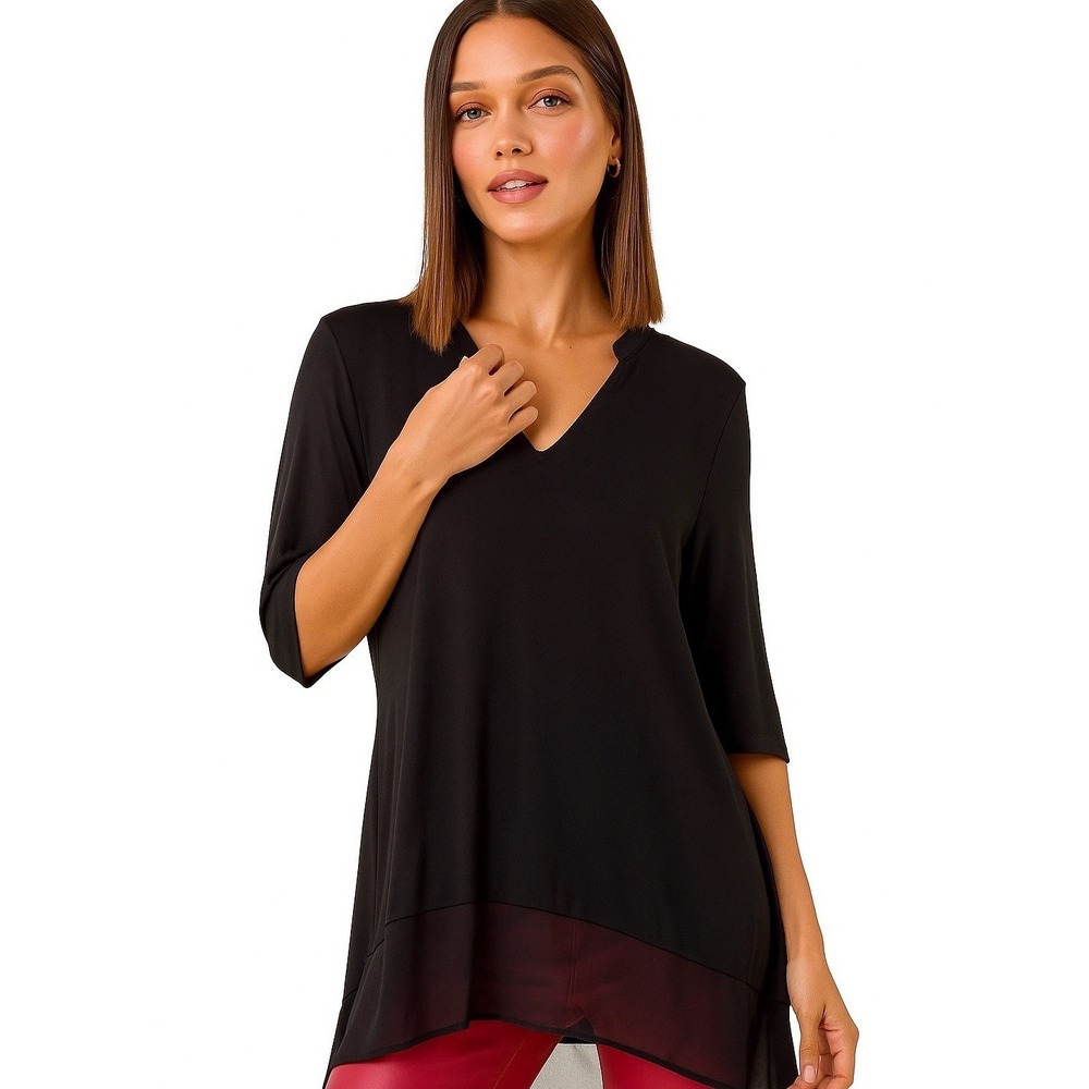 TAHARI Womens 2X Black Tunic Top V‎ Neck Chiffon Hem Stretchy Knit Casual Blouse